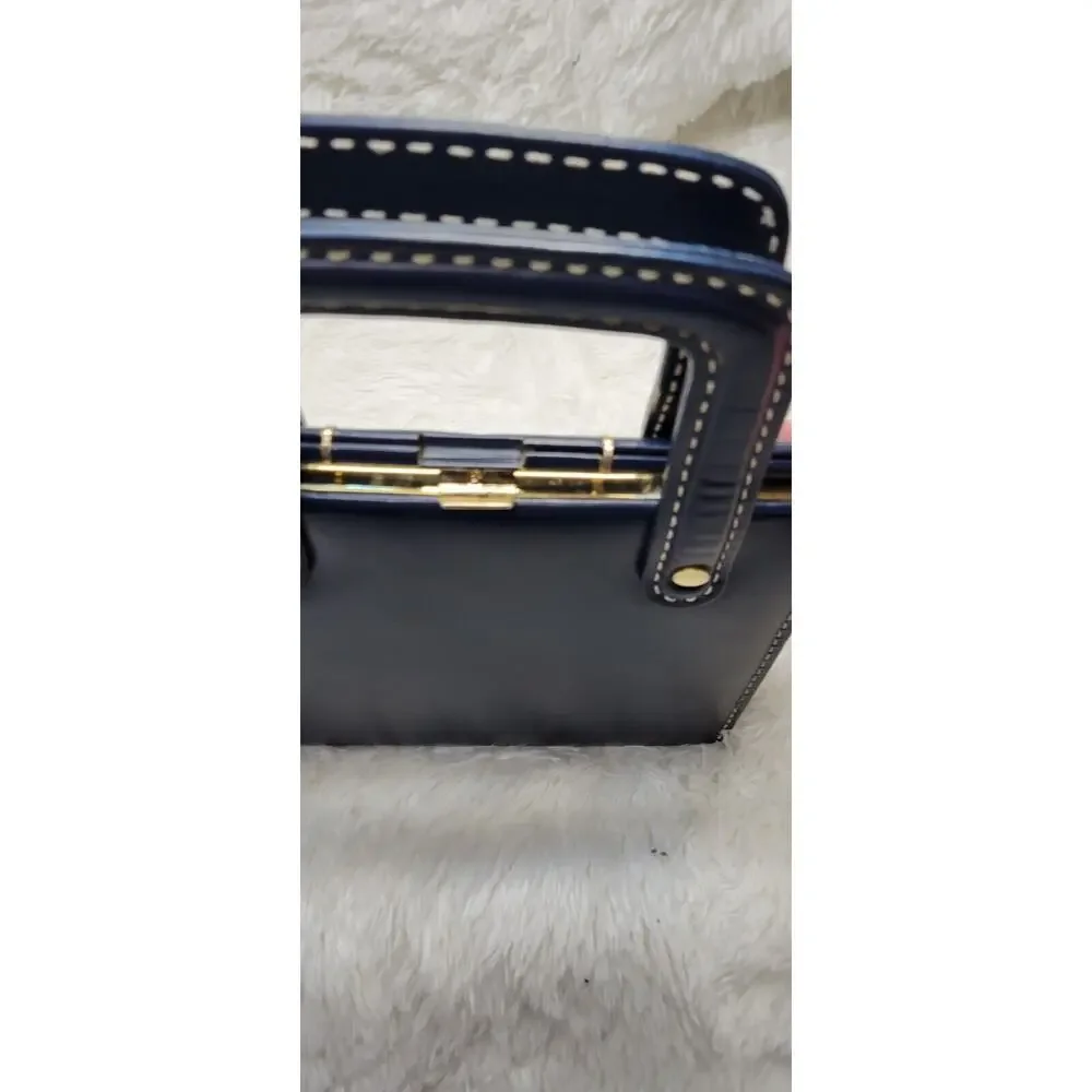 Vintage 1960's Dark Navy Gold Accent Leather Womens Lined Snap Closure Handbag - Picture 5 of 11